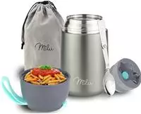 Milu Isolier-Speisebeh&auml;lter grau 1 Thermobeh&auml;lter mit Tasche, klappbarer L&ouml;ffel, 5