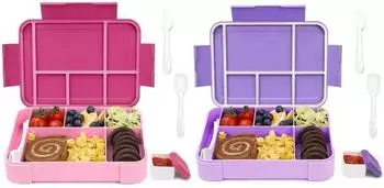 LuxusKollektion Bento Box Kinder 1330ml, 6 Fächer, auslaufsicher, rosa/lila, 2er-Set