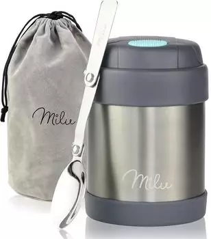 Milu Thermobehälter für Essen 300ml, Edelstahl mit Löffel, grau
