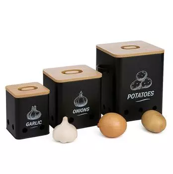 Relaxdays Aufbewahrungsbox f&uuml;r Kartoffeln, Zwiebeln & Knoblauch, Eisen, schwarz/hellbraun, 3er-Set