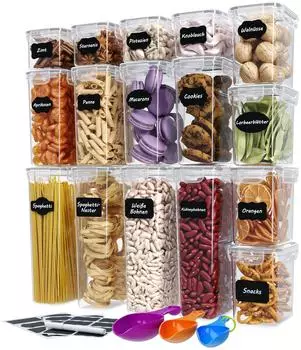 Wellgro Vorratsdosen-Set mit Etiketten, Kreidestift & Messl&ouml;ffeln, BPA-frei, luftdicht, 16-tlg.