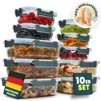 Uandu Frischhaltedosen aus Borosilikatglas mit Deckel, 10er-Set, BPA-frei (glass-container-10mix)