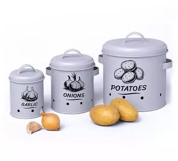 Relaxdays Aufbewahrungsbox f&uuml;r Kartoffeln, Zwiebeln & Knoblauch, Stahl, grau/schwarz, 3er-Set