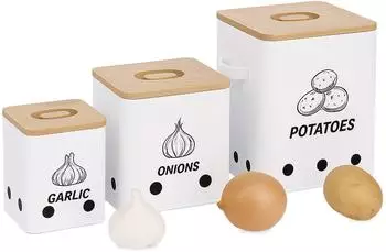 Relaxdays Vorratsdosen-Set f&uuml;r Kartoffeln, Zwiebeln & Knoblauch, Eisen, wei&szlig;, 3er-Set