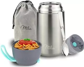 Milu Thermobehälter für Essen 800ml, Edelstahl mit Löffel, grau (HNG-GH-0488)