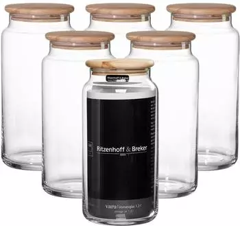 Ritzenhoff & Breker Varu Vorratsgl&auml;ser mit Holzdeckel, 1,2l, 6er Set