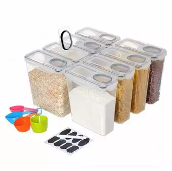 Relaxdays Vorratsdosen 8er Set, luftdicht, 3,7L, mit Dosierer & Etiketten, Kunststoff, transparent