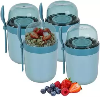 Relaxdays Müslibecher to go, 4er Set, 3 Fächer, 400 & 280ml, blau