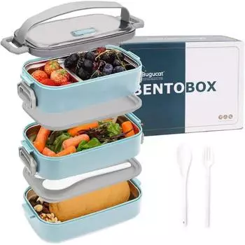 LuxusKollektion Bento Box Edelstahl 1700ml, blau, auslaufsicher mit Fächern und Besteck