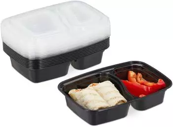 Relaxdays Meal Prep Boxen 2 F&auml;cher, 10er Set, schwarz/transparent (10028692)