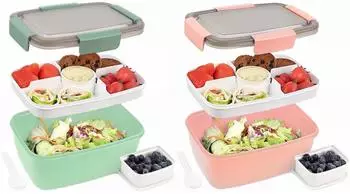 LuxusKollektion Bento Box 2000ml, 2er Set, auslaufsicher, mit Fächern, dunkelgrün + rosa