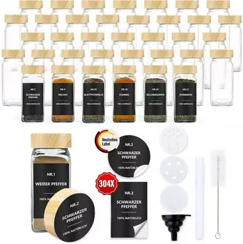 LuxusKollektion Gew&uuml;rzgl&auml;ser eckig 120ml, 36er-Set mit Streueinsatz & Etiketten