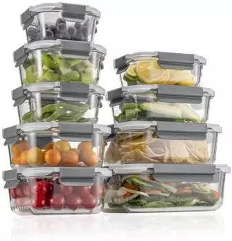 LuxusKollektion Glas-Frischhaltedosen Set 18-teilig, auslaufsicher, BPA-frei, grau