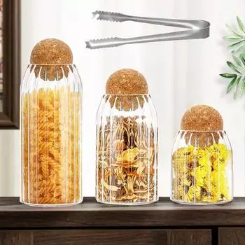 LuxusKollektion Vorratsgl&auml;ser geripptes Glas mit Kugelkorken 3er-Set 500/700/1000ml