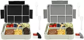 LuxusKollektion Bento Box Kinder 1330ml, 6 F&auml;cher, auslaufsicher, 2er-Set, schwarz/grau