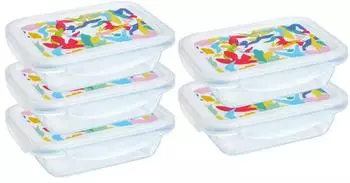 Pyrex Cook & Go Lunchbox-Set, rechteckig, Borosilikatglas, 0,8L, 5-tlg., mehrfarbiger Deckel