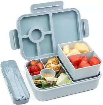 LuxusKollektion Bugucat Brotdose Kinder 1300ml, 5 F&auml;cher, Besteckset, hellblau