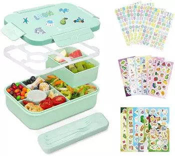 LuxusKollektion Bento Box Kinder 1300ml, 6 F&auml;cher, auslaufsicher, gr&uuml;n, mit Besteckset