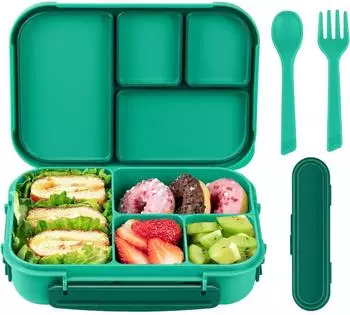 LuxusKollektion Kinder Bento Box 4 F&auml;cher mit Besteck, 1200ml, gr&uuml;n