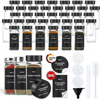 LuxusKollektion Gew&uuml;rzgl&auml;ser eckig 120ml mit Streueinsatz und Etiketten, 36er-Set, schwarz