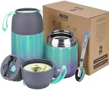 LuxusKollektion Thermobeh&auml;lter 2er-Set 500ml & 700ml, Edelstahl, regenbogenfarben, mit L&ouml;ffel
