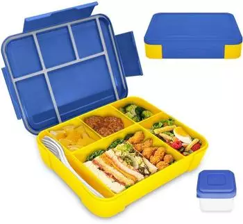 LuxusKollektion Kinder-Bento-Lunchbox 5 F&auml;cher, 1300ml, auslaufsicher, blau-gelb