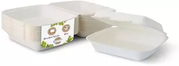 Biozoyg Burger-Box aus Zuckerrohr/Bagasse mit Klappdeckel, 25x20x7,5cm, 50 St. (DFC013281)