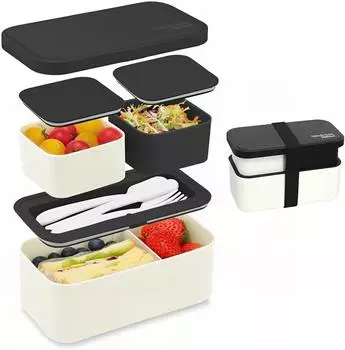 LuxusKollektion Lunchbox 2in1 mit 3 F&auml;chern, 1450ml, auslaufsicher, schwarz