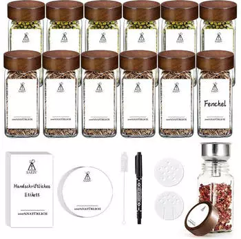 LuxusKollektion Gew&uuml;rzgl&auml;ser-Set 12-teilig, quadratisch, 120ml, Akazienholzdeckel