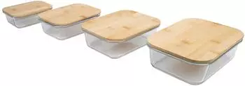 Axentia Frischhaltedosen-Set Borosilikatglas Bambusdeckel, 4-teilig (133785)