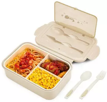 LuxusKollektion Bento Box 3 F&auml;cher mit Besteck, auslaufsicher, mikrowellengeeignet, braun