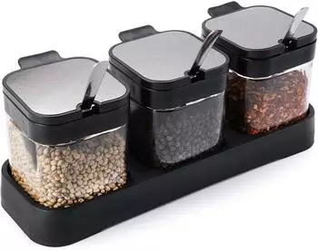 LuxusKollektion Gew&uuml;rzbeh&auml;lter-Set 3-teilig, Glas, schwarz, 220ml, mit L&ouml;ffel und Halter