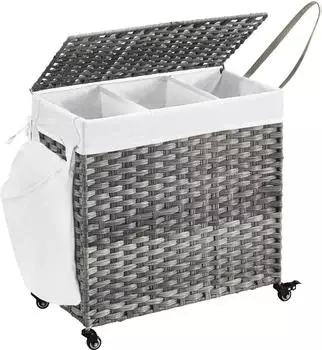 Songmics Wäschekorb LCB363G01, grau, mit 3 Fächern, aus Kunststoff, 66x60,5x33 cm, 140 Liter