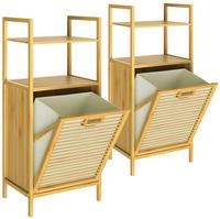 Badregal Mit W&auml;schekorb 36 L Bambus Holz 95x40x30cm Badezimmerregal 2 Ablagen