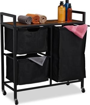 Relaxdays W&auml;schekorbregal, 3 ausziehbare F&auml;cher, rollbare W&auml;scheablage, W&auml;schesammler, Industrial Design, schwarz/braun