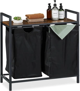 Relaxdays W&auml;schekorbregal, HBT: 72x73x33 cm, W&auml;scheablage, 2 ausziehbare F&auml;cher, W&auml;schesammler Industrial, schwarz/braun