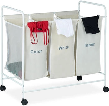 Relaxdays Wäschesortierer, 3 beschriftete Fächer, Rollen zum Feststellen, Volumen 100 Liter, HxBxT 76 x 80 x 46cm, beige Relaxdays Wäschesortierer, 3 beschriftete Fächer, Rollen zum Feststellen, Volumen 100 Liter, HxBxT 76 x 80 x 46cm, beige