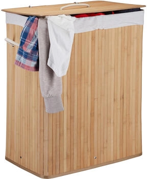 Relaxdays Bambus mit Deckel, rechteckiger W&auml;schesammler, 2 F&auml;cher, 95 l Volumen, faltbare W&auml;schebox, natur