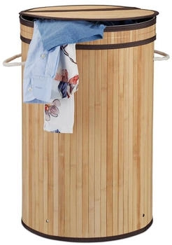 Relaxdays Bambus, runder W&auml;schesammler mit Klappdeckel, 65 l, faltbare W&auml;schetonne, rund &oslash; 40 cm, natur