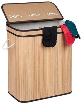 Relaxdays Wäschesortierer, Bambus, 3 Fächer, je 30 Liter, mit Deckel, Griffe, HxBxT: 63 x 55 x 35 cm, natur