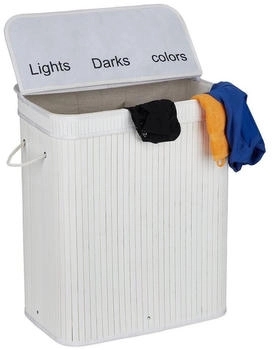 Relaxdays Wäschesortierer, Bambus, 3 Fächer, je 30 Liter, mit Deckel, Griffe, HxBxT: 63 x 55 x 35 cm, weiß