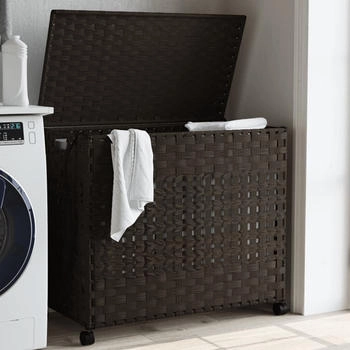 vidaXL W&auml;schekorb mit Rollen Deckel, Klappbar W&auml;schebox mit 3 F&auml;chern Innentasche, 66x35x60cm Rattan