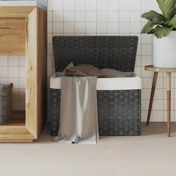 vidaXL W&auml;schekorb mit Innentasche Deckel, Klappbar W&auml;schebox W&auml;schesack, Grau 55,5x35x34cm Poly Rattan