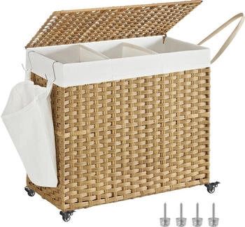 Songmics Wäschekorb, 160 L, mit Deckel, 3 Fächer, Wäschesack herausnehmbar