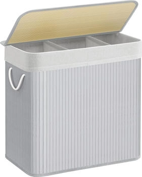 Songmics Wäschekorb, mit Deckel und Griffen, aus Bambus, 3 Fächern, 150 L, grau