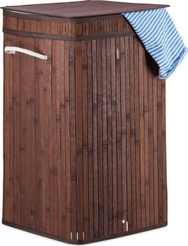 Relaxdays braun W&auml;schekorb Bambus, faltbar & tragbar, XL 70l mit Deckel, eckiger W&auml;schesammler, 63 x 36 x 36 cm, Stoff, Standard
