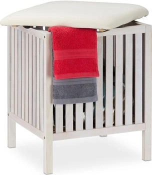 Relaxdays Wäschekorb mit Sitz, Badhocker, Landhausstil, 40 l Wäschesammler, Holz & Stoff, 53 x 41 x 41 cm, weiß