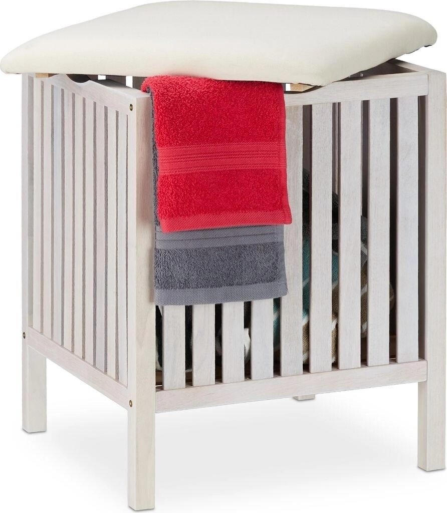 Relaxdays Wäschekorb mit Sitz, Badhocker, Landhausstil, 40 l Wäschesammler, Holz & Stoff, 53 x 41 x 41 cm, weiß Wäschehocker