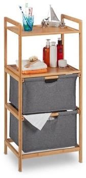 Relaxdays Badregal mit W&auml;schekorb, 2 Ablagen & 2 Stoffk&ouml;rbe, W&auml;schesortierer Bambus, 96 x 44 x 34 cm, Natur/grau