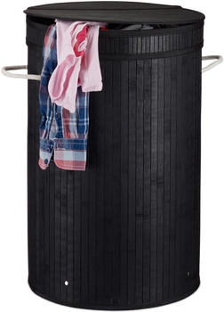 Relaxdays Bambus, runder W&auml;schesammler mit Klappdeckel, 65 l, faltbare W&auml;schetonne, rund &oslash; 40 cm, schwarz